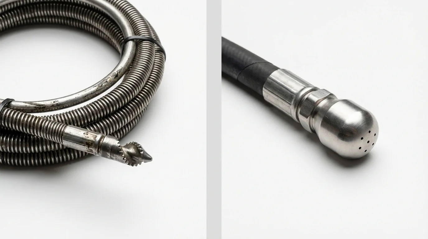 Drain snake cable and hydro jetting nozzle used for drain cleaning in Mechanicsville, IA