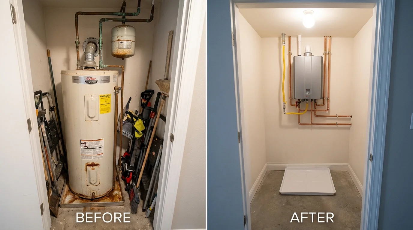 Tank water heater versus wall-mounted tankless unit comparison for Mechanicsville, IA homeowners