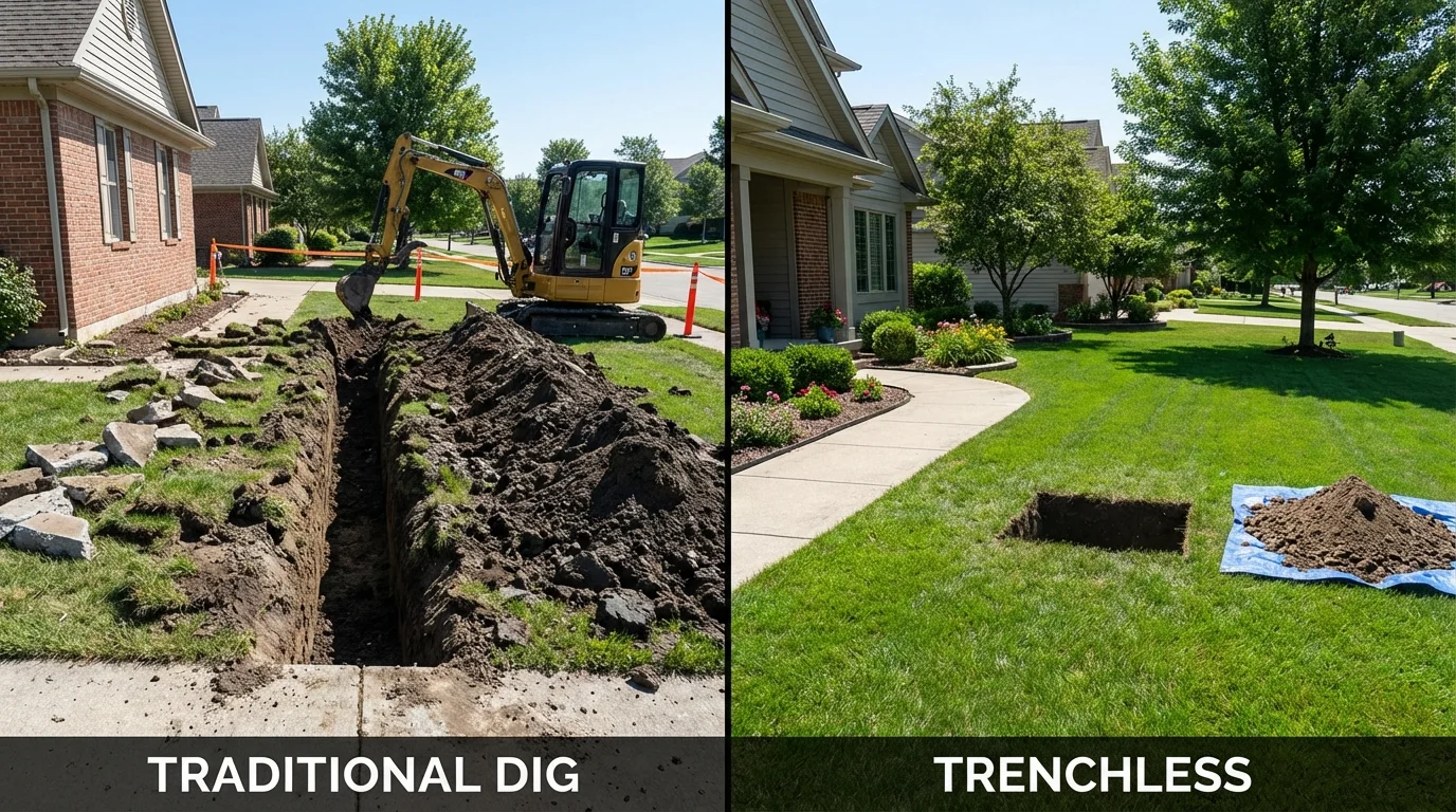 Trenchless sewer repair with minimal yard damage versus traditional excavation in Mechanicsville, IA