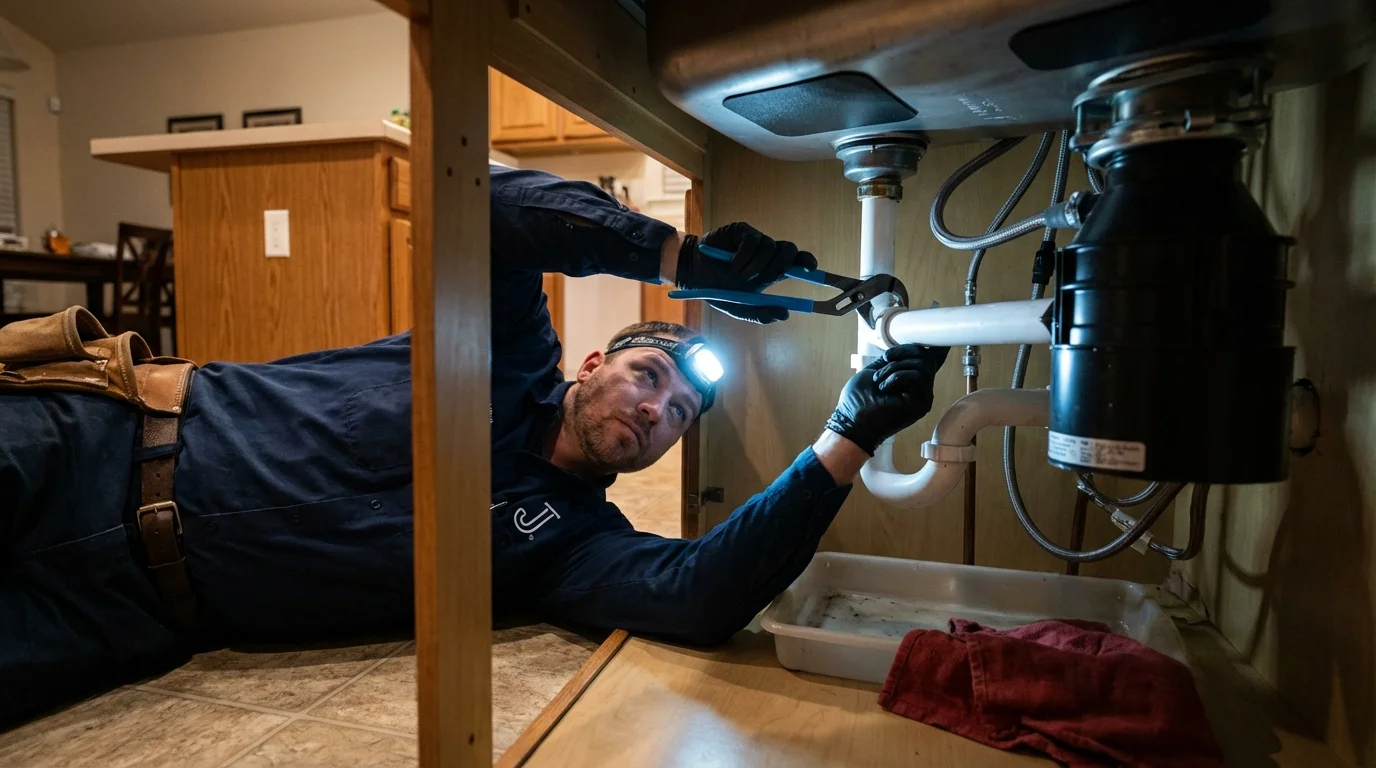 P-trap and supply line connections under a kitchen sink showing a common leak point in Mechanicsville, IA